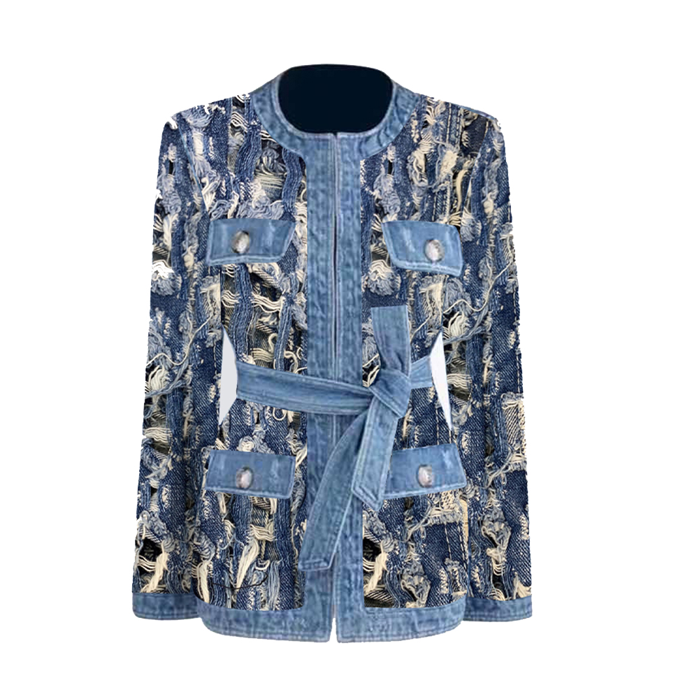 Creative Cutout Denim Jacket with Belt