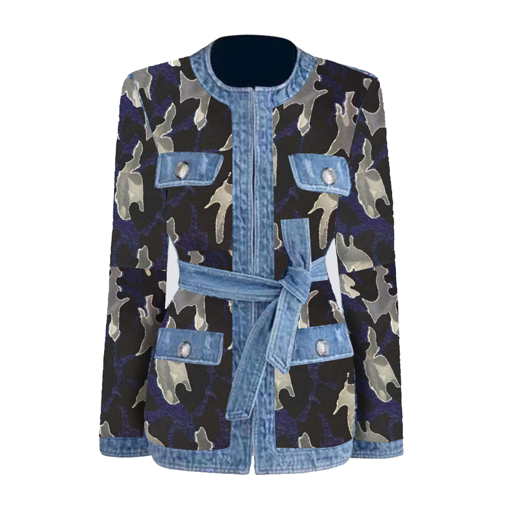 Creative Cutout Army Denim Jacket with Belt