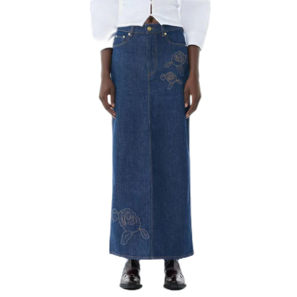 Embroidery raw denim skirt