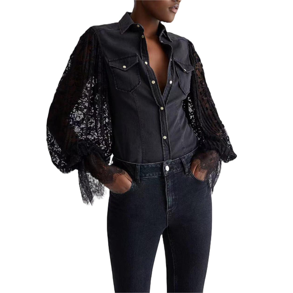 Black Lace Denim Shirts