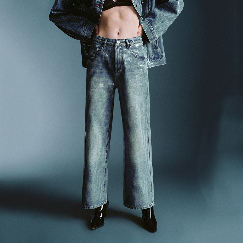 Mid Blue Sequin Embellished Wide Leg