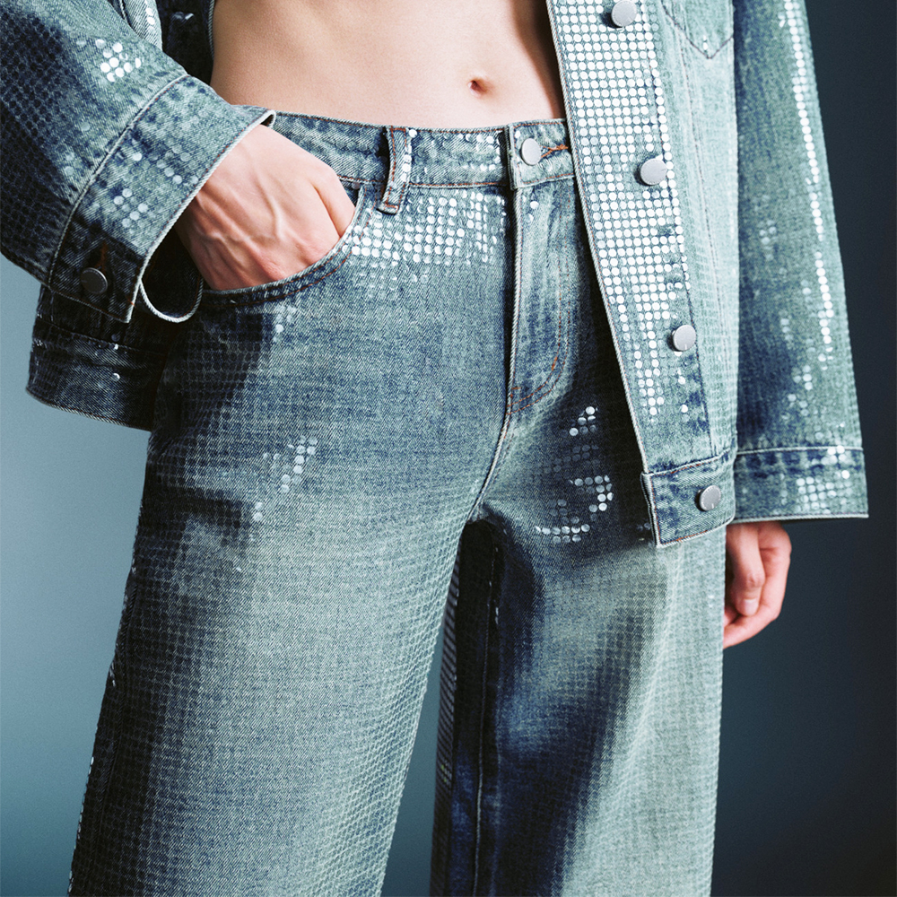 Blue Sequin Embellished Wide Leg